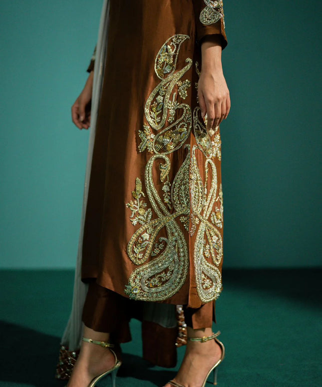 Alaya | Brown Pure Silk Embellished Suit