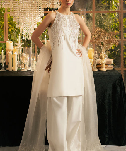 Alba | White Korean Silk Embellished Suit