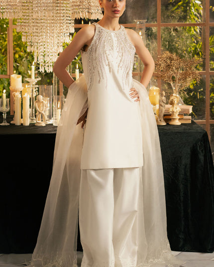 Alba | White Korean Silk Embellished Suit