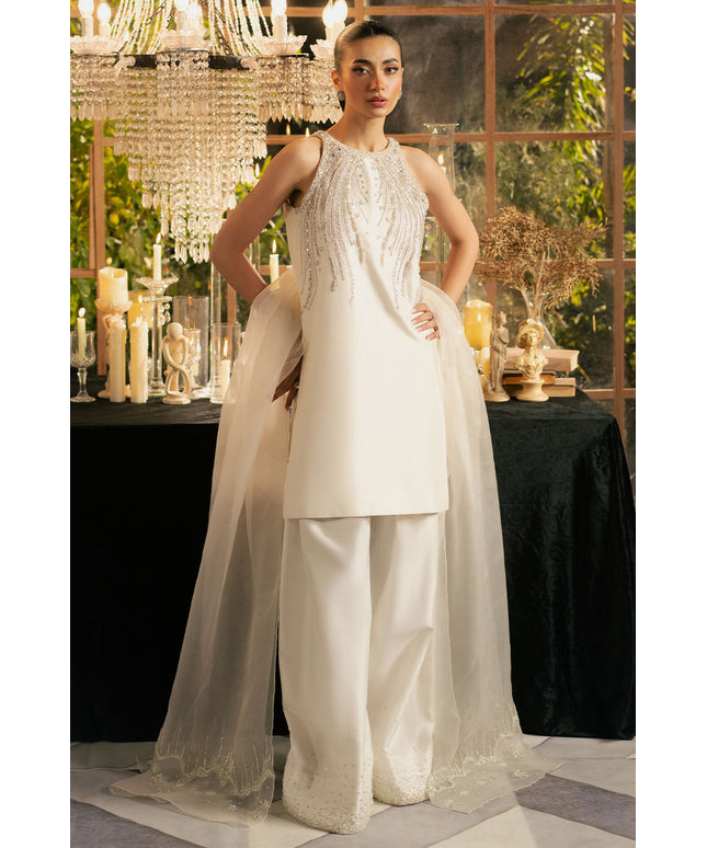 Alba | White Korean Silk Embellished Suit