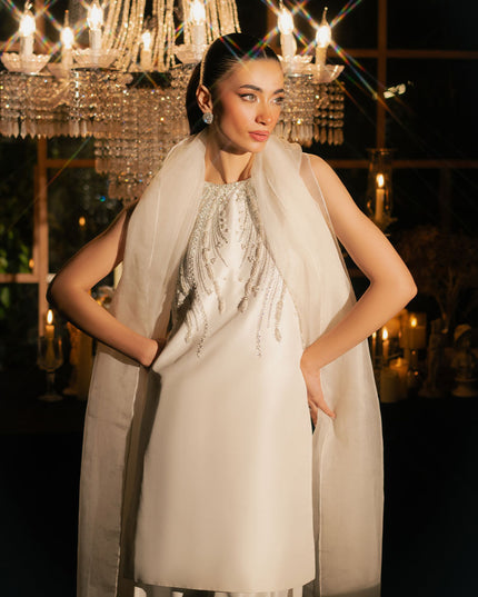 Alba | White Korean Silk Embellished Suit