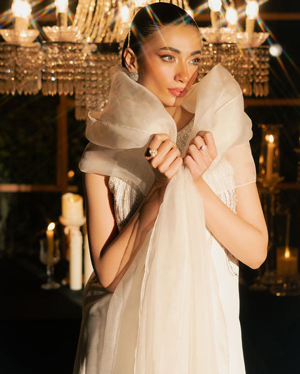 Alba | White Korean Silk Embellished Suit