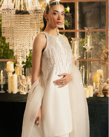 Alba | White Korean Silk Embellished Suit