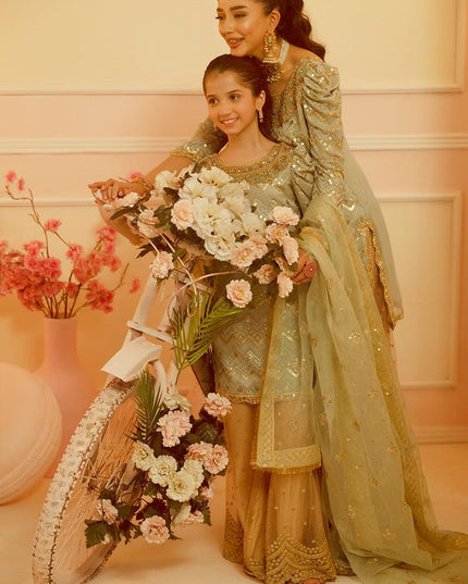Nazish Mother Daughter Combo | Green Embellished Sharara