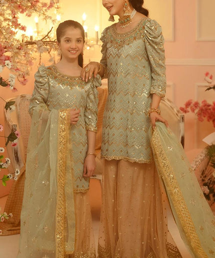 Nazish Mother Daughter Combo | Green Embellished Sharara