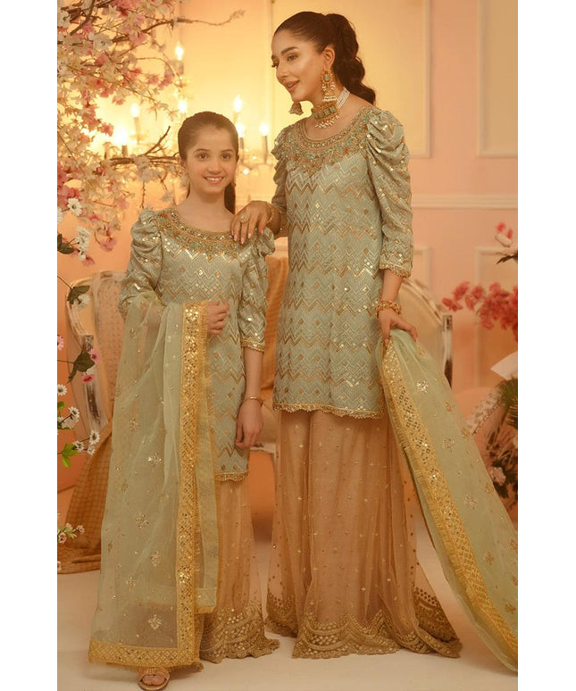 Nazish Mother Daughter Combo | Green Embellished Sharara