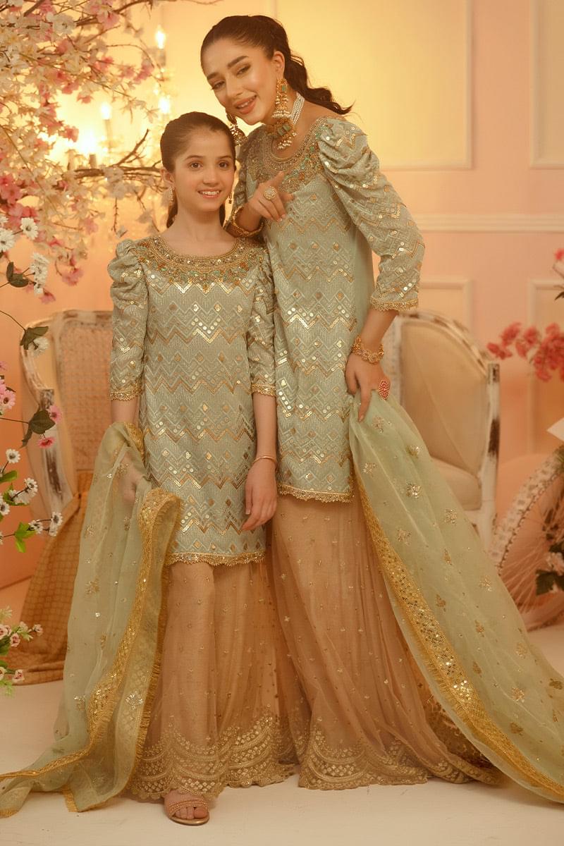 Nazish Mother Daughter Combo | Green Embellished Sharara