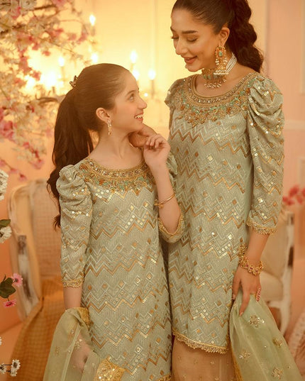 Nazish Mother Daughter Combo | Green Embellished Sharara