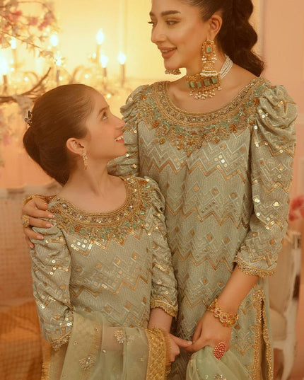 Nazish Mother Daughter Combo | Green Embellished Sharara