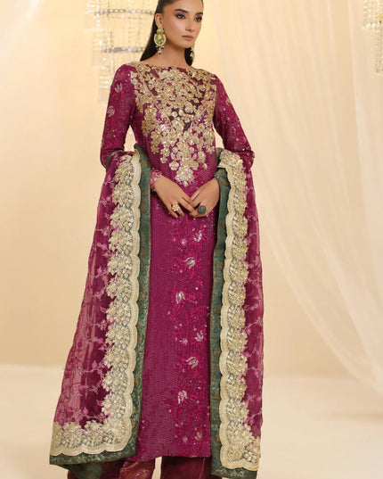 Allure | Magenta Premium Chiffon Embroidered Embellished Suit