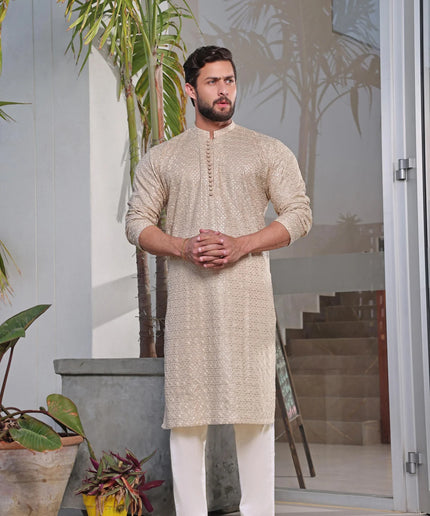 Luxury Beige Chikan Kurta Pyjama