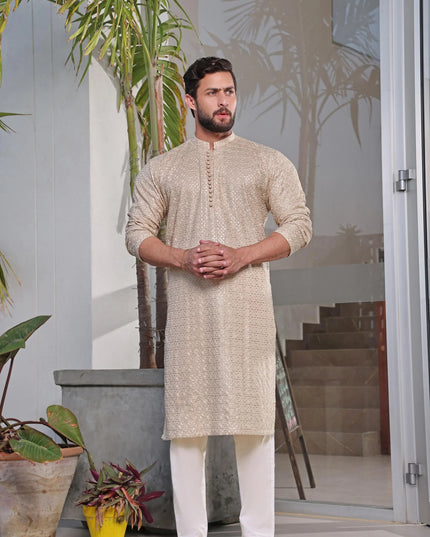 Luxury Beige Chikan Kurta Pyjama