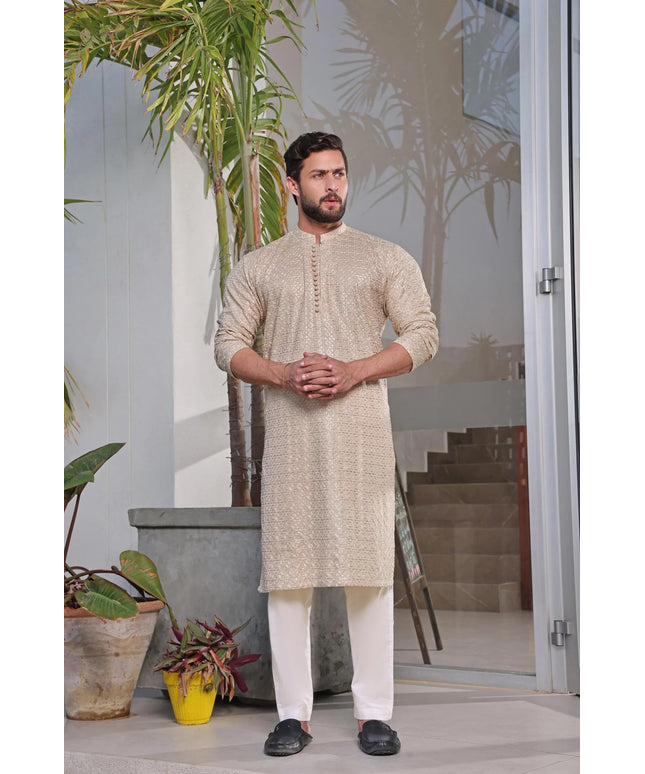 Luxury Beige Chikan Kurta Pyjama
