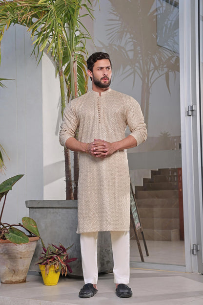 Luxury Beige Chikan Kurta Pyjama