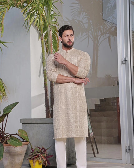 Luxury Beige Chikan Kurta Pyjama