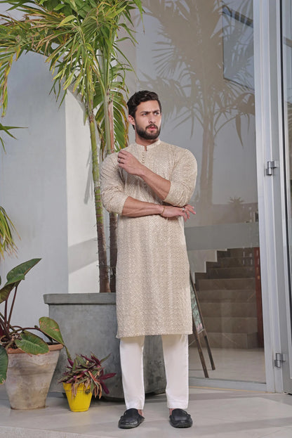 Luxury Beige Chikan Kurta Pyjama