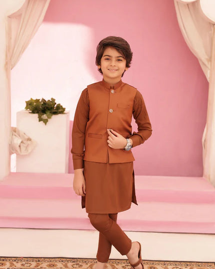 3 Piece | Boys Almond Brown Kurta Set