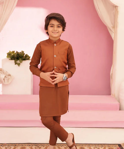 3 Piece | Boys Almond Brown Kurta Set