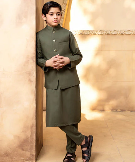 3 Piece | Boys Olive Premium Wash and Wear Kurta Set