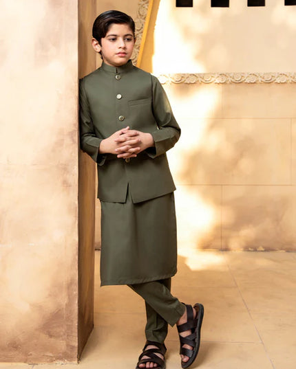 3 Piece | Boys Olive Premium Wash and Wear Kurta Set