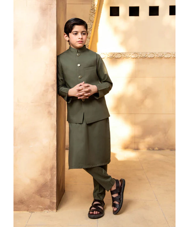 3 Piece | Boys Olive Premium Wash and Wear Kurta Set