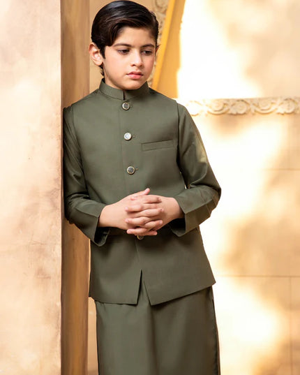 3 Piece | Boys Olive Premium Wash and Wear Kurta Set