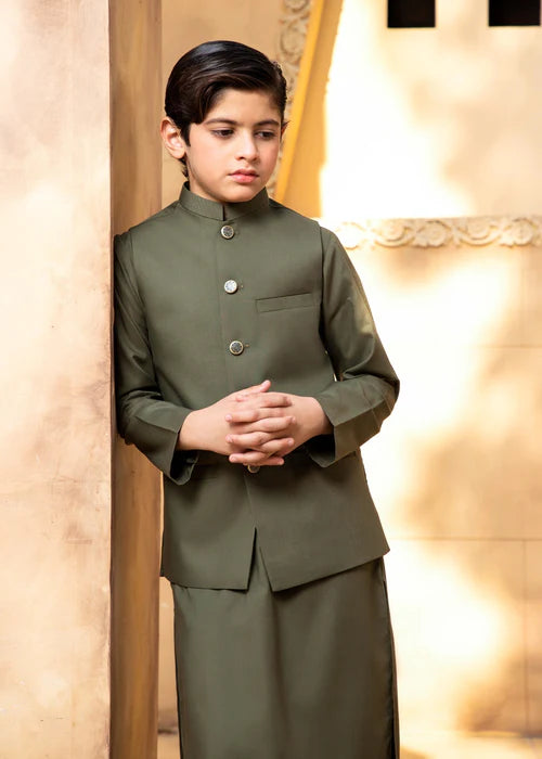 3 Piece | Boys Olive Premium Wash and Wear Kurta Set