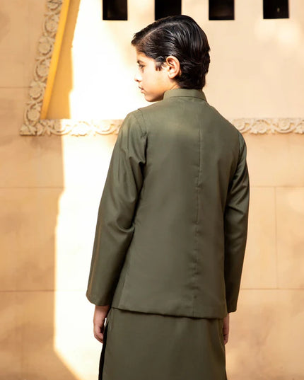 3 Piece | Boys Olive Premium Wash and Wear Kurta Set