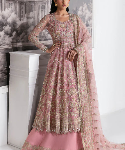 Blume | Tea Pink Net Hand Embellished Embroidered Frock