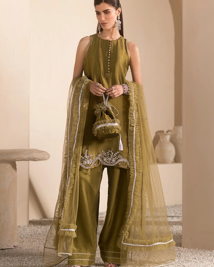 Autumn | Olive Green Pure Silk Embellished Farshi Shalwar Suit