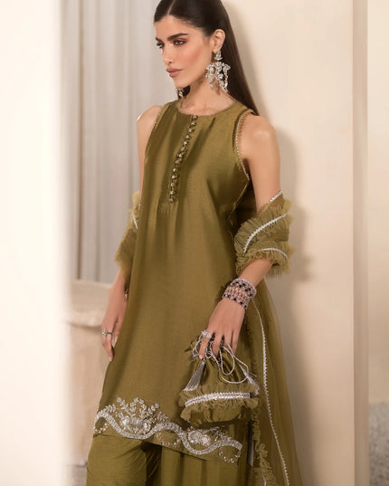 Autumn | Olive Green Pure Silk Embellished Farshi Shalwar Suit