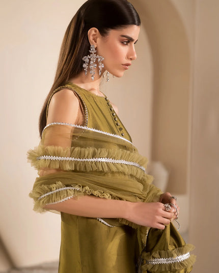Autumn | Olive Green Pure Silk Embellished Farshi Shalwar Suit