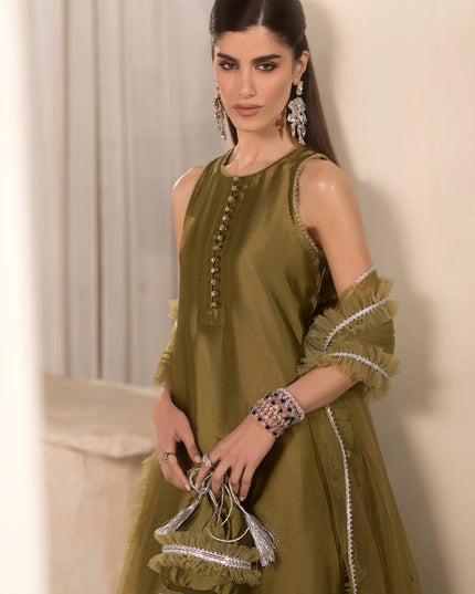 Autumn | Olive Green Pure Silk Embellished Farshi Shalwar Suit