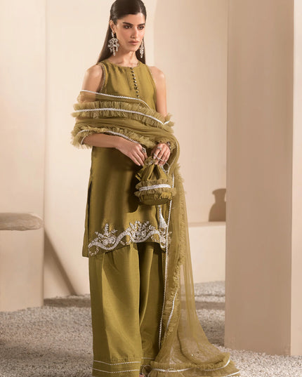 Autumn | Olive Green Pure Silk Embellished Farshi Shalwar Suit
