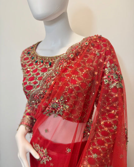 Luxury Crimson Bridal Saree Gown – Hand Embellished Wedding Formal