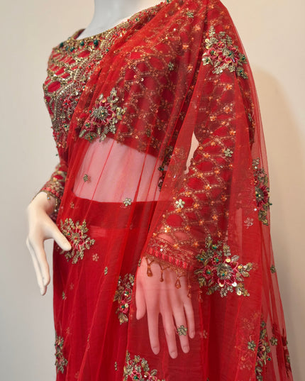 Luxury Crimson Bridal Saree Gown – Hand Embellished Wedding Formal