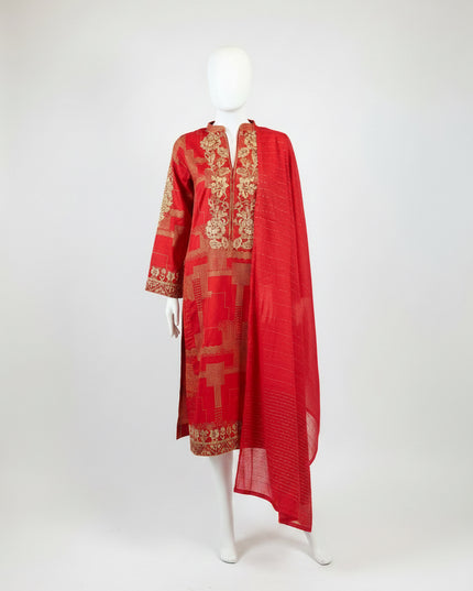 Gul Ahmed Ruby Red Jacquard 2 Piece Suit with Dupatta