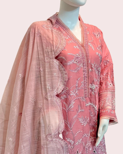 Pink Peony Floral Embroidered Lawn 3-Piece Set