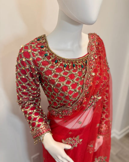Luxury Crimson Bridal Saree Gown – Hand Embellished Wedding Formal