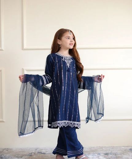 Tia | Girls Navy Blue Net Embroidered Kurta Set
