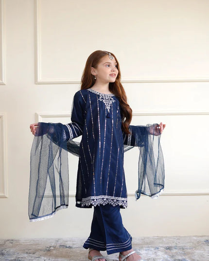 Tia | Girls Navy Blue Net Embroidered Kurta Set