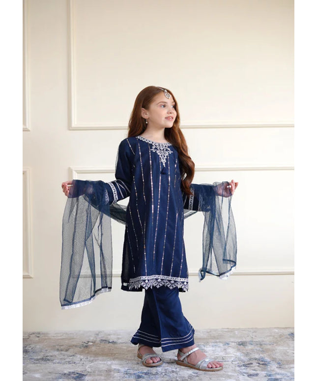 Tia | Girls Navy Blue Net Embroidered Kurta Set