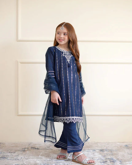 Tia | Girls Navy Blue Net Embroidered Kurta Set