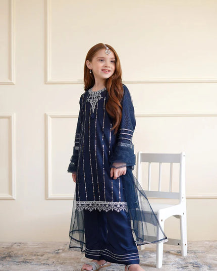 Tia | Girls Navy Blue Net Embroidered Kurta Set