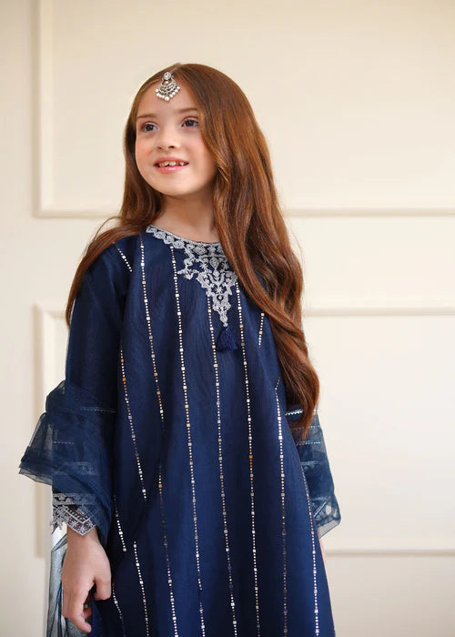 Tia | Girls Navy Blue Net Embroidered Kurta Set