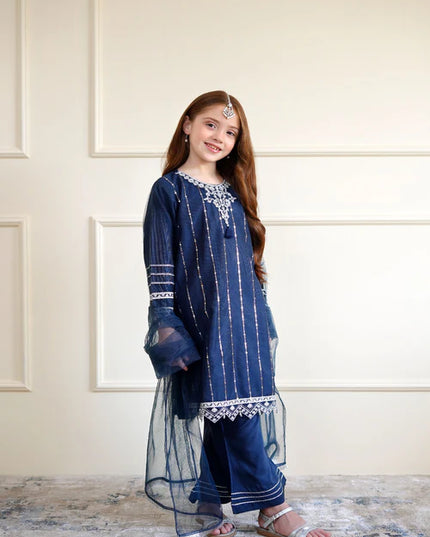 Tia | Girls Navy Blue Net Embroidered Kurta Set
