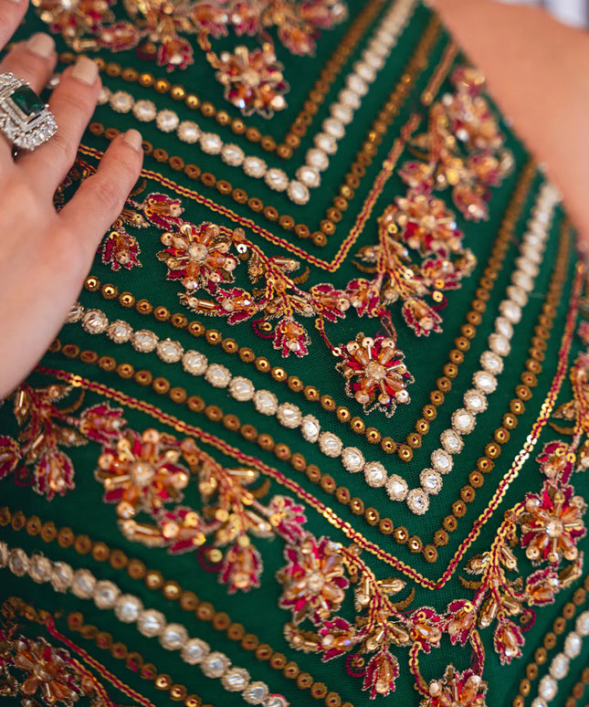 Saira Rizwan | Emerald Green Net Hand Embellished Lehenga