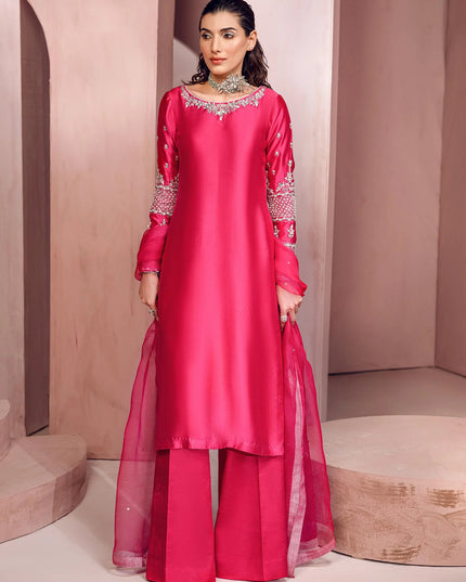 Blush Berry | Hot Pink Silk Tissue Embellished Suit