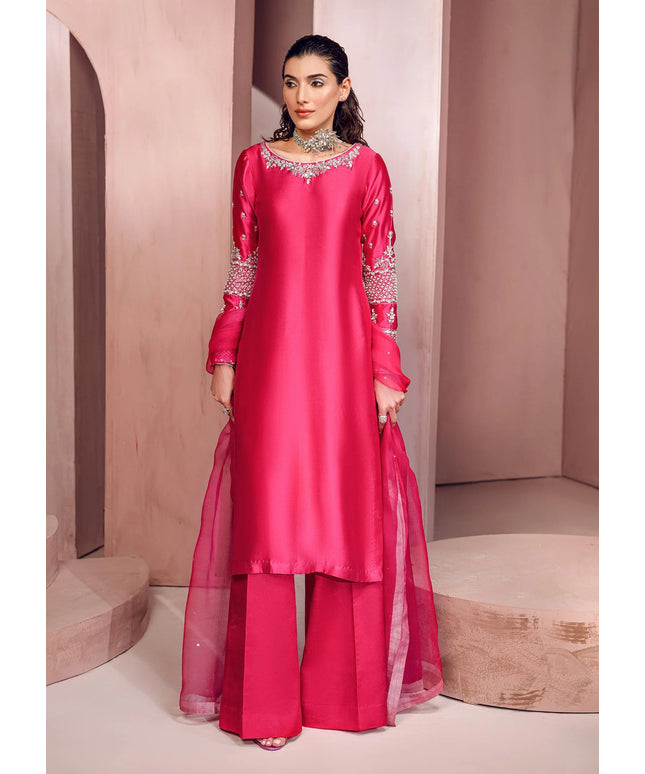 Blush Berry | Hot Pink Silk Tissue Embellished Suit