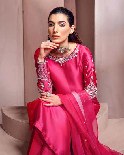 Blush Berry | Hot Pink Silk Tissue Embellished Suit
